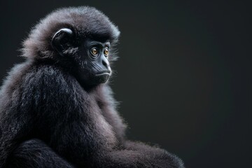 the beside view Lar Gibbon, left side view, isolated on black background