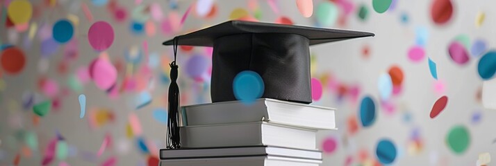 Wall Mural - Black graduation cap on stack of white books with celebratory confetti in background