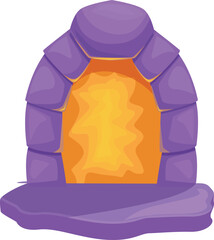 Wall Mural - Cartoon stone archway is glowing with an orange light behind it and surrounded by purple rocks