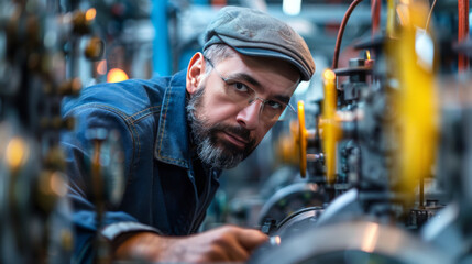 Wall Mural - Man with glasses and a hat closely inspecting industrial machinery, highlighting the precision and focus required in manufacturing.