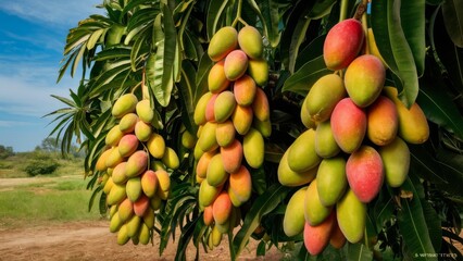 Colorful bunches of mango fruit ripening on a lush green tree