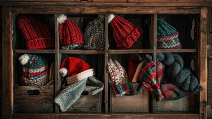 Poster - Christmas themed Santa Claus hats and knitted scarves displayed in a rustic wooden box