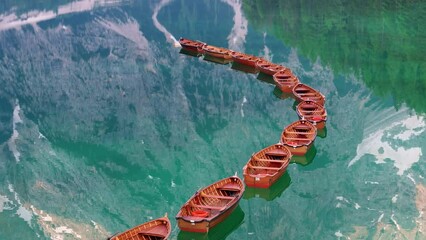 Wall Mural - Italy dolomites natural park braies lake surroundings boats and general images 4k with drone