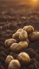 Wall Mural - Freshly harvested potatoes on soil golden sunset shallow depth of field