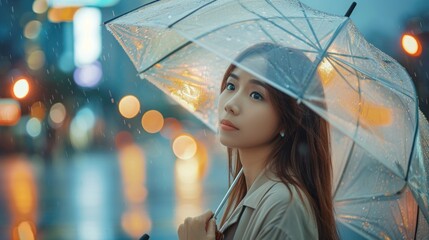 Portrait an Asian woman is standing in the rain holding an umbrella