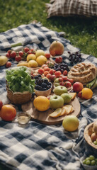 Wall Mural - Healthy picnic spread with fresh fruits and vegetables on a checkered blanket Perfect for summer gat