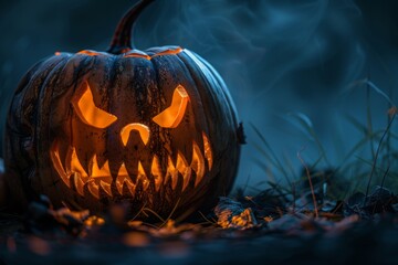 Wall Mural - Scary carved pumpkin with glowing eyes and mouth in dark eerie forest smoke at night Halloween atmosphere concept