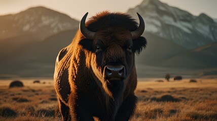 A bison moves through the grassy field, silhouetted against a vibrant sunset sky