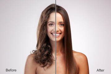 Sticker - Happy woman, portrait and beauty with skincare for comparison, makeup or cosmetics on a white studio background. Female person or model with smile for salon treatment, difference or before and after