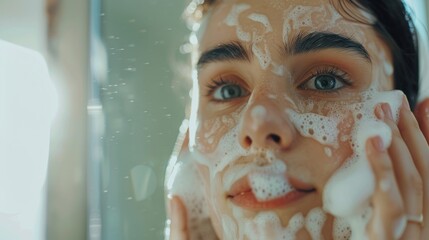 Wall Mural - A woman is washing her face with soap and water looking at herself in the mirror