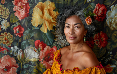 Wall Mural - A woman with a flower in her hair is standing in front of a floral wallpaper. She is smiling and looking at the camera