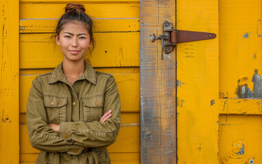 Wall Mural - A woman in a green jacket stands in front of a yellow door. She is smiling and she is posing for a photo. The door is old and has a rusty hinge. The scene gives off a warm and inviting atmosphere