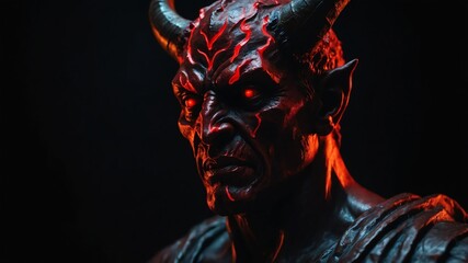 bust statue of devil with red dramatic lighting on plain dark black background