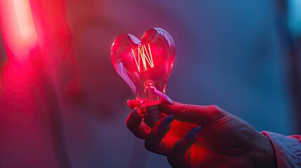 Wall Mural - a close-up of a hand holding a heart-shaped lightbulb glowing with a warm, pink light against a dark