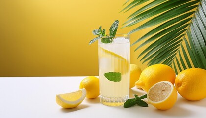 Canvas Print - a glass of cold lemonade with lemon mint and ice on a yellow and white background with a palm leaf and citrus fruits