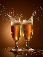 Two glasses of beer in cheers gesture, splashing out. Isolated on shabby background - generative ai