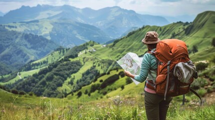 Fototapete - Backpacker looking at a scenic mountain view with a map in hand