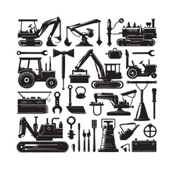 construction machines and equipment collention set vector illustration