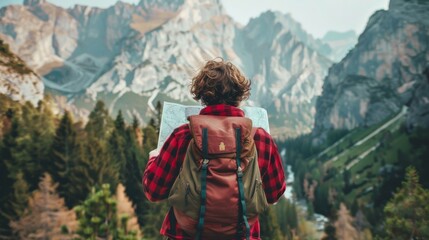 Aufkleber - Backpacker looking at a scenic mountain view with a map in hand