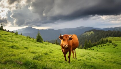 Wall Mural - a brown cow on a green grass mountain pasture under a sky with dark rainy clouds