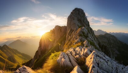 Wall Mural - a sun is shining on a rocky mountain top