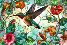青いハチドリ パステルカラー ヴィンテージ ステンドグラス 鳥 ピンクの花畑風景 青いハチドリ パステルカラー ヴィンテージ ステンドグラス 鳥