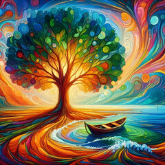 A beautiful tree and a boat with abstract art