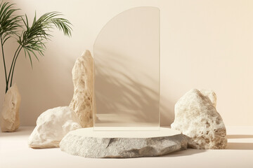 Minimalist Natural Stone Pedestal product Display  with Decorative Vase and glass in back , Elegant Display for Interior Design and Product Presentation