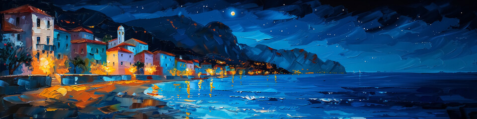 Impressionist oil painting for a town at night, palette knife paint texture, panorama landscape pattern 