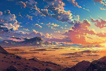 Wall Mural - Desert landscape with mountains at sunset in anime style