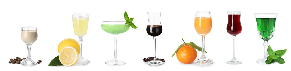 Wall Mural - Different tasty liqueurs in glasses on white background, collection