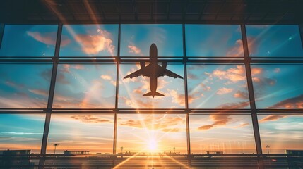 A plane soaring against large airport windows with a bright sky and clouds outside, blurred silhouette on glass, flat design style, ideal for travel and vacation concepts. 