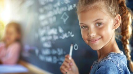 Wall Mural - A young girl is smiling and holding a pencil in front of a chalkboard with math problems written on it