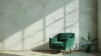 Wall Mural - Modern Living Room with Green Armchair and White Wall - 3D Render