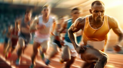 A man in a yellow tank top runs on a track with other runners