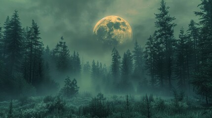 eerie forest landscape with dense fog and a glowing full moon casting a haunting light through the t