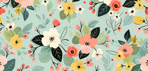 Wall Mural - 3d render of colorful vintage pattern with flowers and leaves on light green background seamless texture