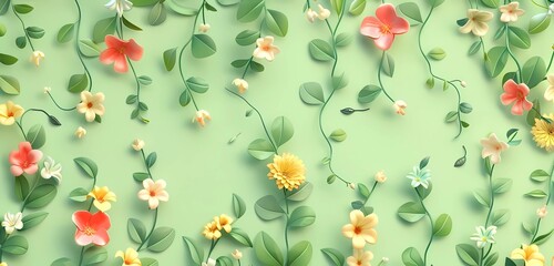 Wall Mural - 3d render of colorful vintage pattern with flowers and leaves on light green background seamless texture