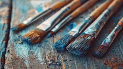 Sticker - Close up of a line of vintage paintbrushes on aged wooden table in retro style