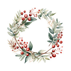 Watercolour of a boho christmas wreath with eucalyptus, berries and holly, soft neutral colour