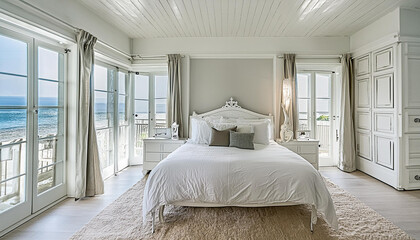 bright white bedroom, elegant, interior, house, home, architecture, decor, design, farmhouse, modern, contemporary, ocean view, comfortable