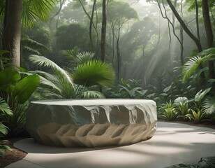 Sticker - Stone platform pedestal in tropical forest for product presentation in green forest