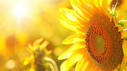 Poster - Close-up of a sunflower with a bright sun shining behind it.