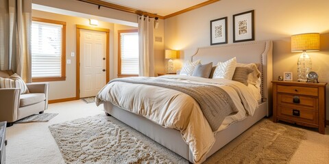 Poster - A spacious bedroom with a king-sized bed and soft bedding, representing relaxation and comfort in home interiors