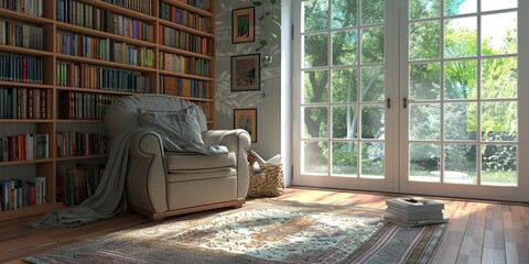 Poster - A cozy reading nook with a bookshelf and armchair, perfect for quiet moments and relaxation at home