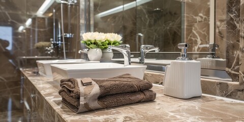 Poster - A modern bathroom with marble countertops and luxury fixtures, representing upscale interior design