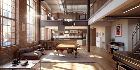Poster - A chic loft apartment with industrial accents and open floor plan, ideal for urban living concepts