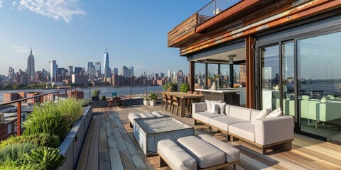 Poster - A modern urban rooftop terrace with city skyline views, ideal for contemporary outdoor living spaces
