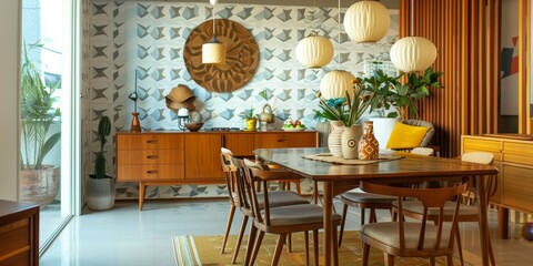 Poster - A mid-century modern dining room with iconic furniture pieces and geometric patterns, reflecting retro design aesthetics