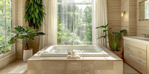 Poster - A serene spa bathroom with a soaking tub and waterfall shower, promoting relaxation and self-care at home
